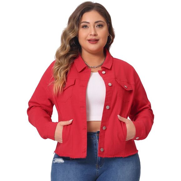 Plus Size Classic Washed Front Frayed Denim Jacket Red - Picture 1 of 5